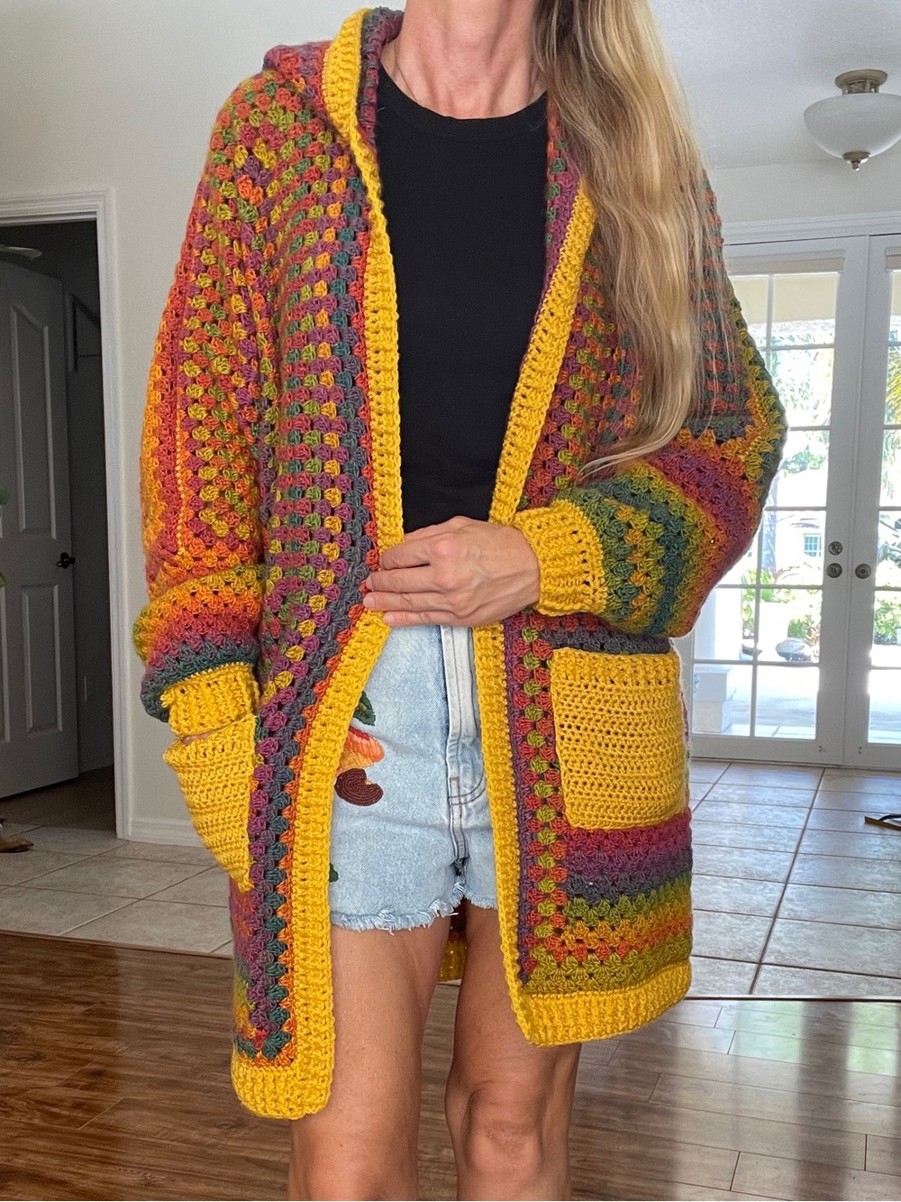 Multicolor Crocheted Hooded Cardigan Sweater with Yellow Trim